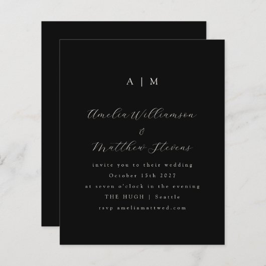 Budget Monogram Black Minimalist Wedding Invite (Voorkant / Achterkant)