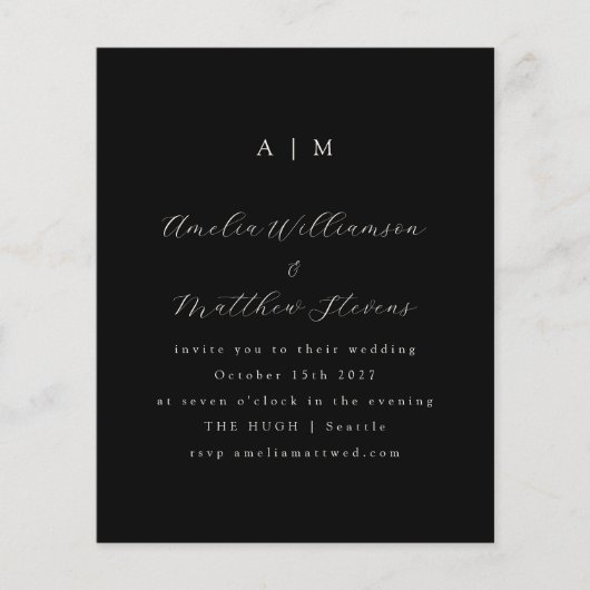 Budget Monogram Black Minimalist Wedding Invite (Voorkant)