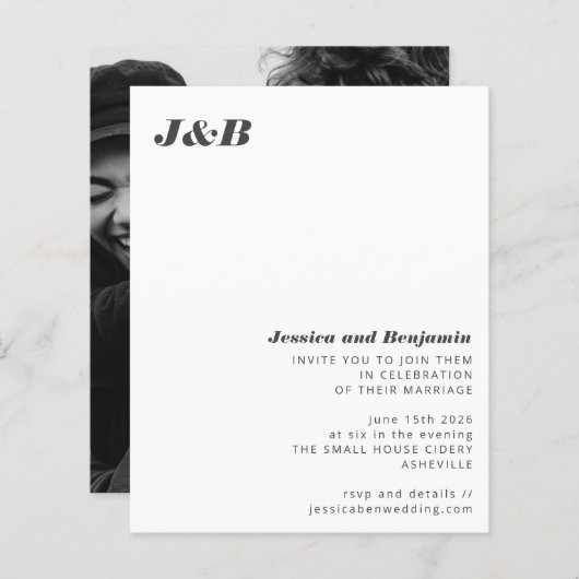 Budget Monogram Black White Photo Wedding Invite (Voorkant / Achterkant)