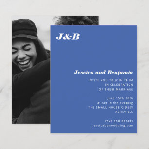 Budget Monogram Blauwe Foto Weduwen Uitnodiging