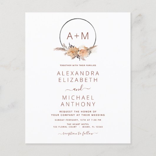 Budget Monogram Boho Pampas Grass Wedding Flyer (Voorkant)