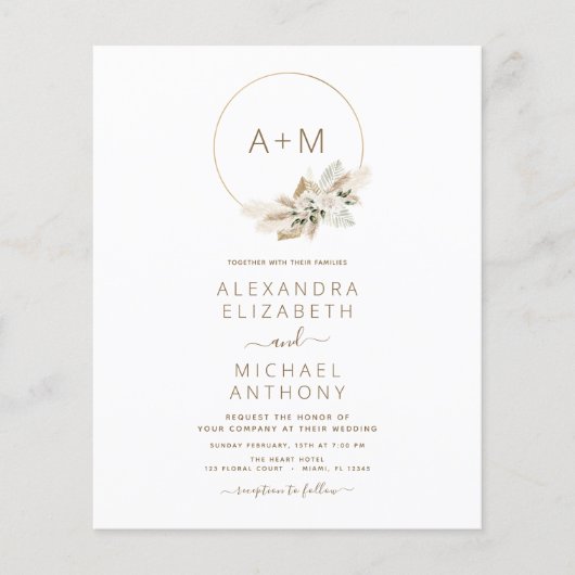 Budget Monogram Boho Tropical Pampas Grass Wedding Flyer (Voorkant)