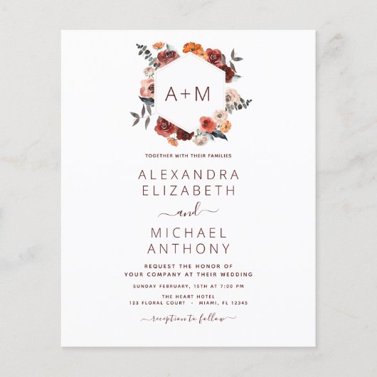 Budget Monogram Burgundy Floral Greenery Wedding (Voorkant)