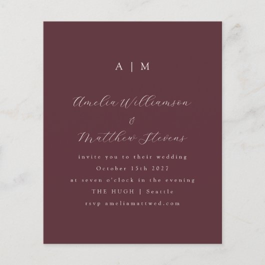 Budget Monogram Burgundy Minimal Wedding Invite (Voorkant)
