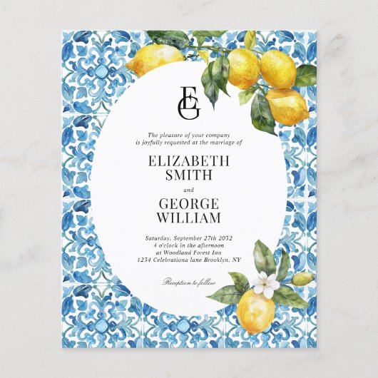 BUDGET Monogram Citroen Blauw Mediterraan Bruiloft (Voorkant)