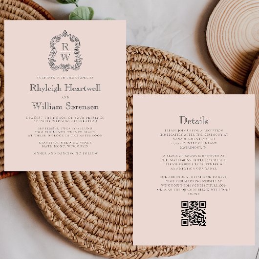Budget Monogram Crest Blush QR Code Huwelijksuitno