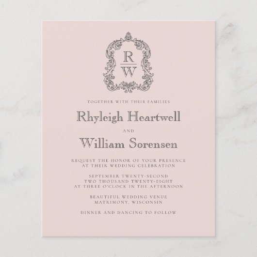 Budget Monogram Crest Blush QR Code Trouw Uitnodig (Voorkant)