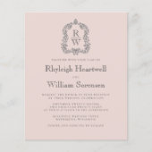 Budget Monogram Crest Blush Roze bruiloft Uitnodig (Voorkant)