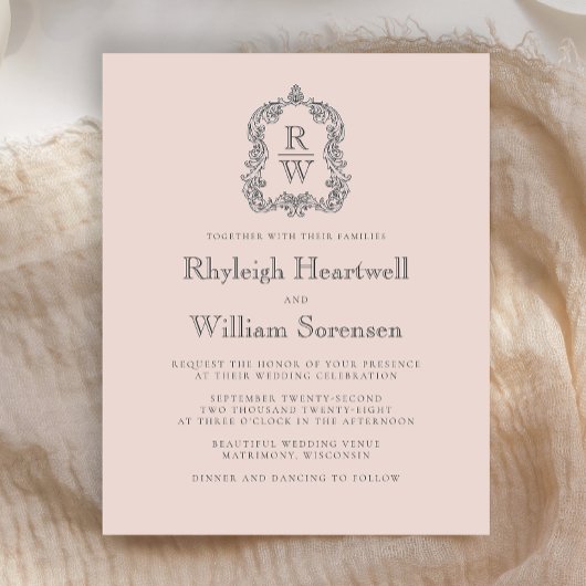 Budget Monogram Crest Blush Roze Trouw Uitnodiging