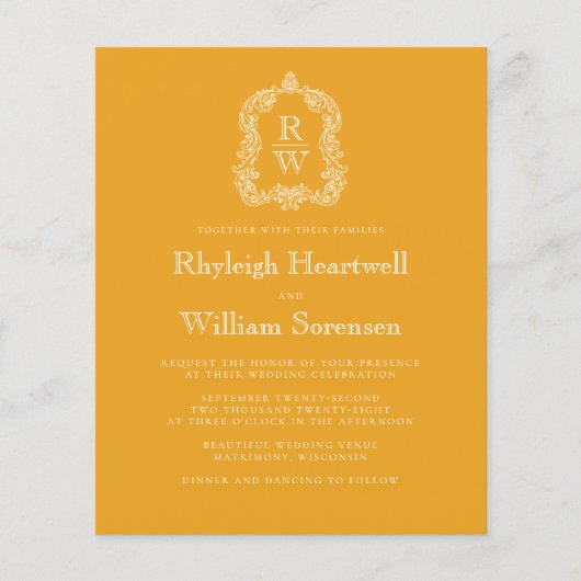 Budget Monogram Crest Goudsbloem QR Code Bruiloft (Voorkant)