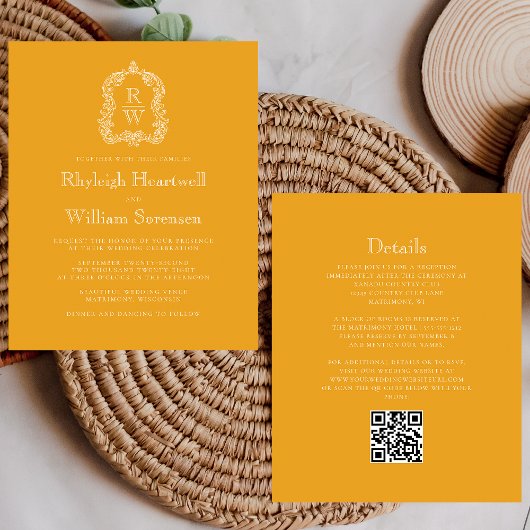 Budget Monogram Crest Goudsbloem QR Code Bruiloft