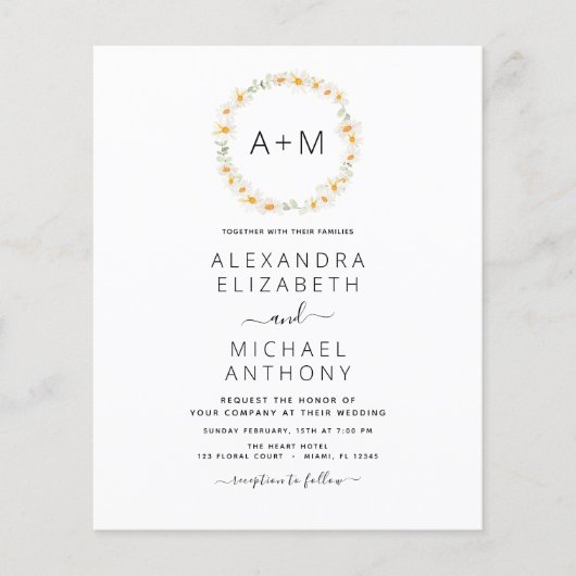 Budget Monogram Daisy Sage Green Floral Wedding Flyer (Voorkant)