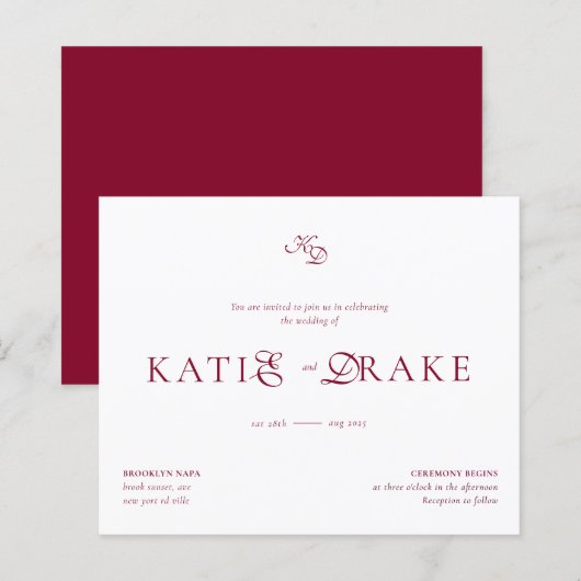 BUDGET Monogram Diep Wijnrood Script Bruiloft (Voorkant / Achterkant)