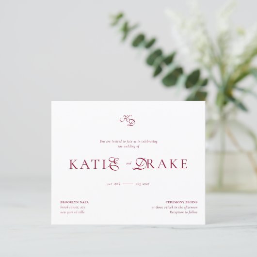BUDGET Monogram Diep Wijnrood Script Bruiloft (Staand voorkant)