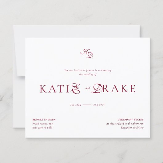 BUDGET Monogram Diep Wijnrood Script Bruiloft (Voorkant)