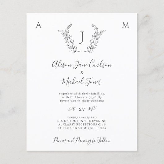 Budget monogram elegante bladeren trouwuitnodiging flyer (Voorkant)