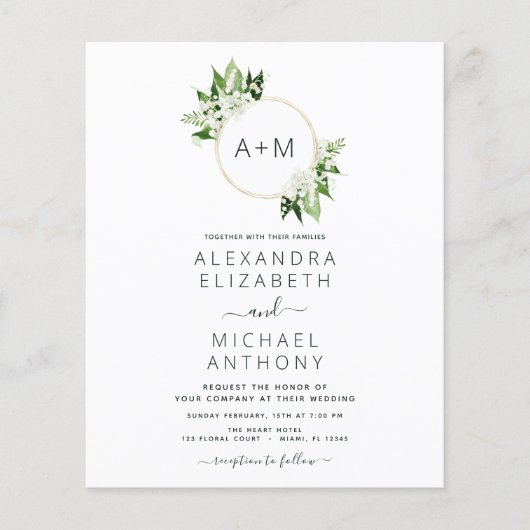 Budget Monogram Emerald Green Greenery Wedding Flyer (Voorkant)