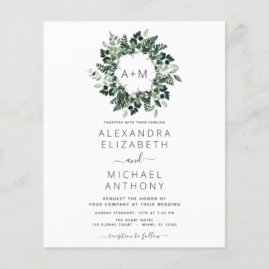 Budget Monogram Emerald Green Greenery Wedding Flyer (Voorkant)