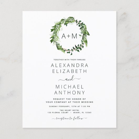 Budget Monogram Emerald Green Greenery Wedding Flyer (Voorkant)
