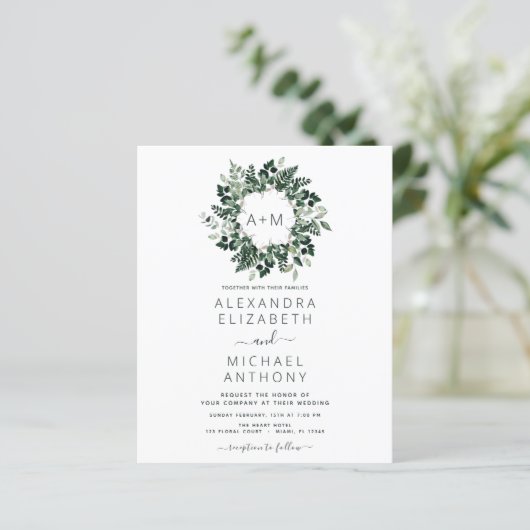 Budget Monogram Emerald Green Wedding Invitations (Staand voorkant)