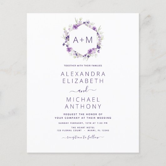 Budget Monogram Floral Dusty Paars Wedding (Voorkant)