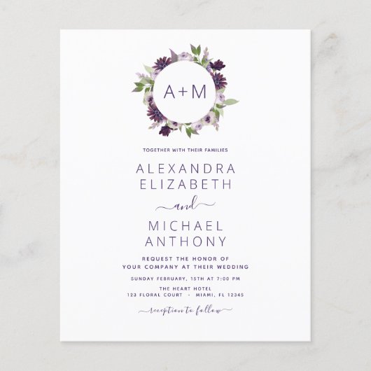 Budget Monogram Floral Dusty Paars Wedding Flyer (Voorkant)