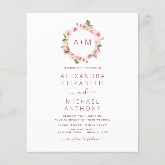 Budget Monogram Floral Dusty Roos Pink Weddenschap Flyer (Voorkant)