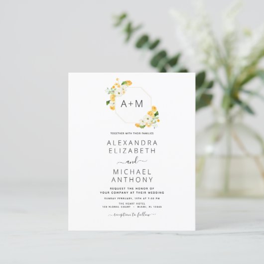 Budget Monogram Geel Sinaasappel Floral Weddenscha (Staand voorkant)