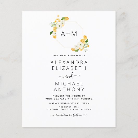 Budget Monogram Geel Sinaasappel Floral Weddenscha Flyer (Voorkant)