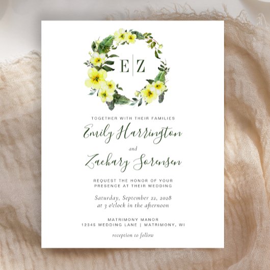 Budget Monogram Gele Floral Wedding Uitnodiging