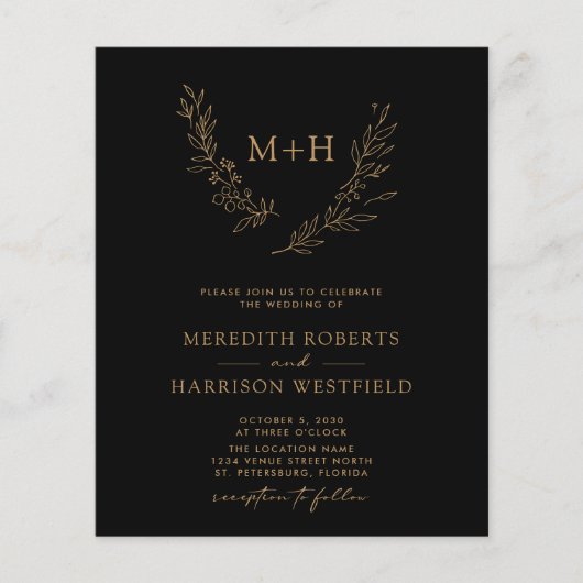 Budget Monogram Krans Zwart bruiloft Uitnodigen (Voorkant)