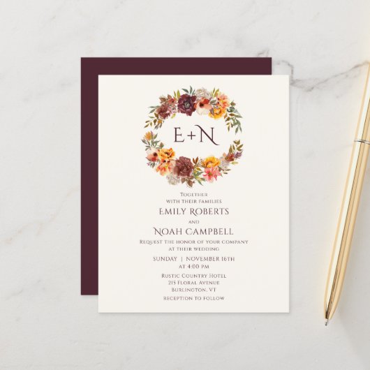 Budget Monogram najaar Rustic Plum Floral Wedding (Voorkant / Achterkant in situ)