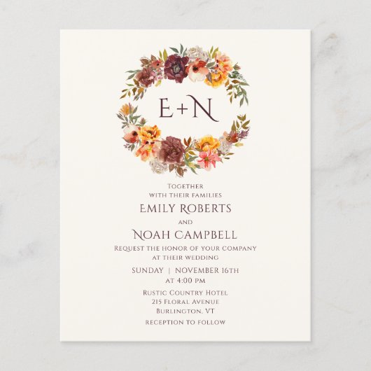 Budget Monogram najaar Rustic Plum Floral Wedding (Voorkant)