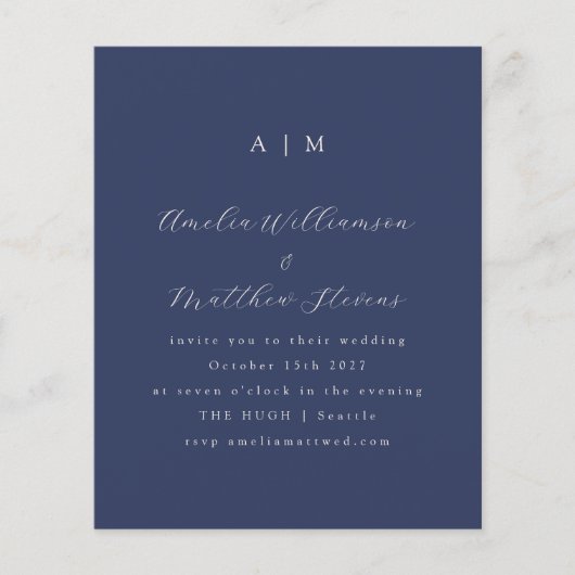 Budget Monogram Navy Blue Minimal Wedding Invite (Voorkant)