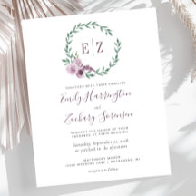 Budget Monogram Paarse Bloemige Trouwuitnodiging