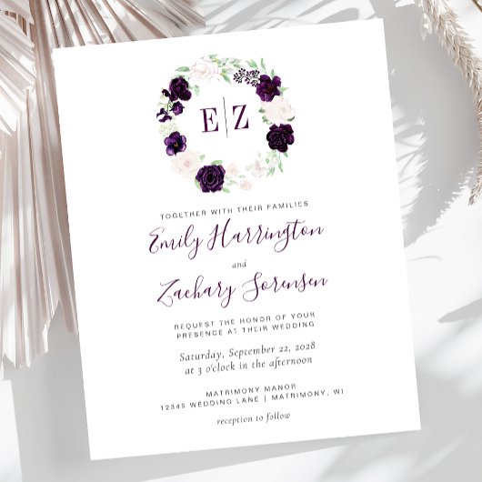 Budget Monogram Paarse Blos Bloem Bruiloft Uitnodi