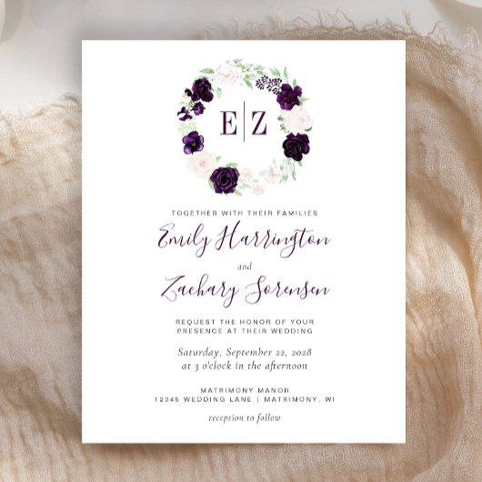 Budget Monogram Paarse Blush Floral Wedding Invite