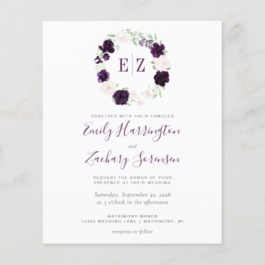 Budget Monogram Paarse Blush Floral Wedding Invite (Voorkant)
