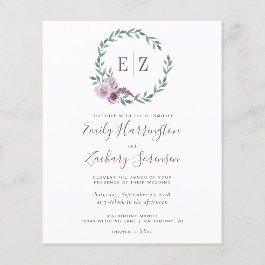 Budget Monogram Paarse Floral Weddenschap (Voorkant)
