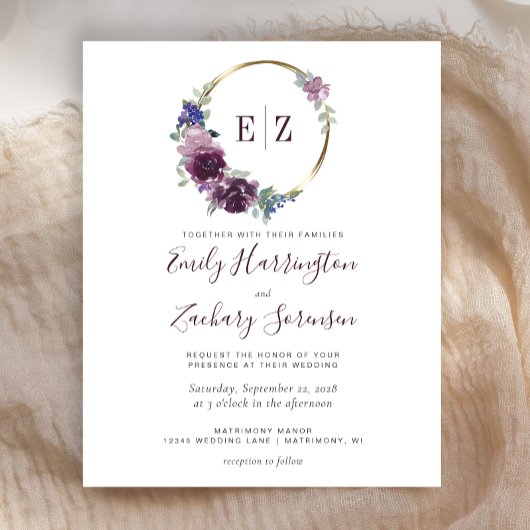Budget Monogram Paarse Krans Trouwuitnodiging