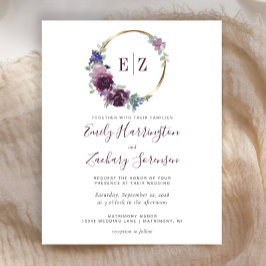 Budget Monogram Paarse Wreath Wedding Uitnodiging