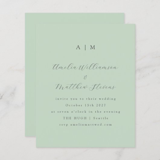 Budget Monogram Pistachio Mint Wedding Uitnodiging (Voorkant / Achterkant)