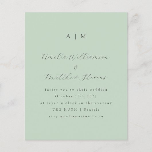 Budget Monogram Pistachio Mint Wedding Uitnodiging (Voorkant)