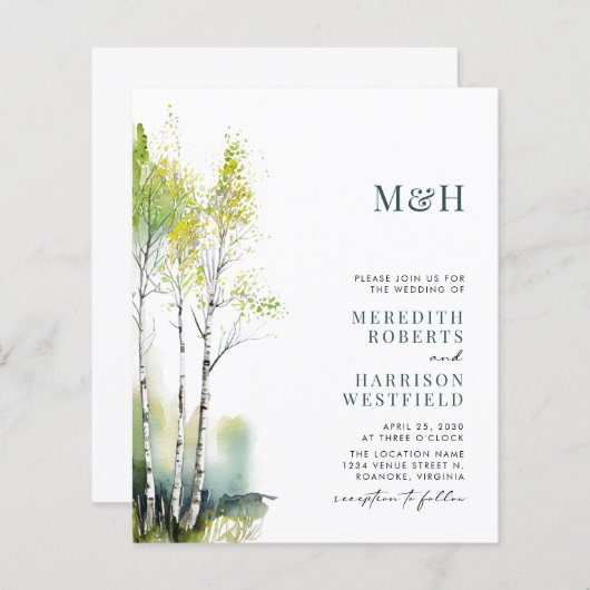 Budget Monogram QR Code Woodland Wedding Invite (Voorkant / Achterkant)