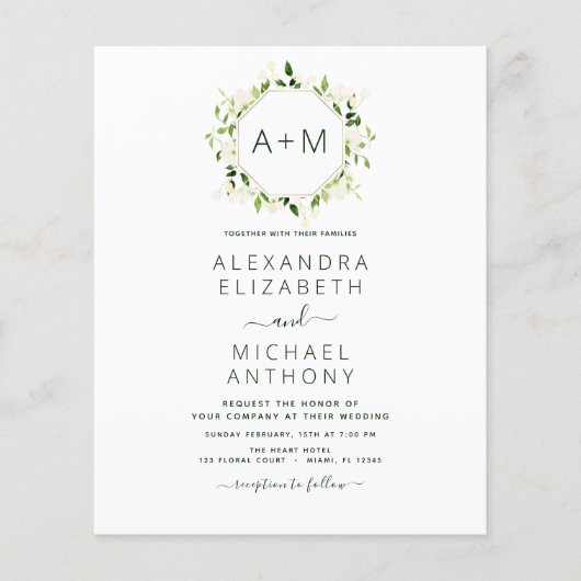 Budget Monogram Sage Emerald Green Floral Wedding Flyer (Voorkant)