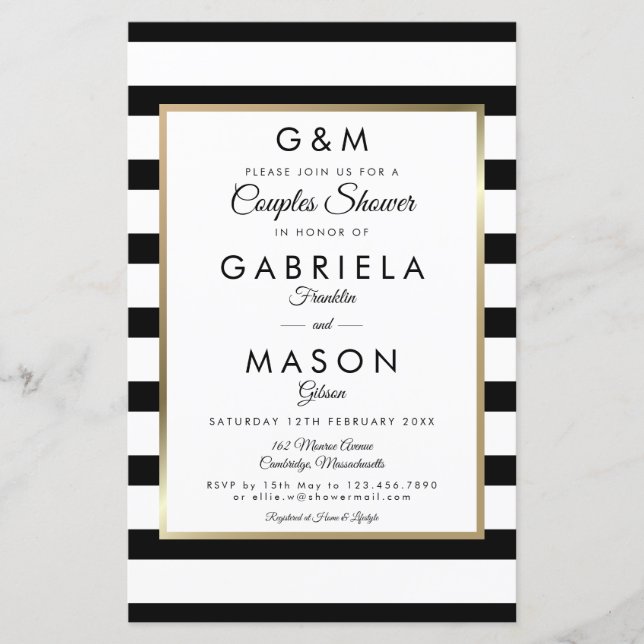 Budget Monogram Streep Koppels Babyshower Uitnodig (Voorkant)