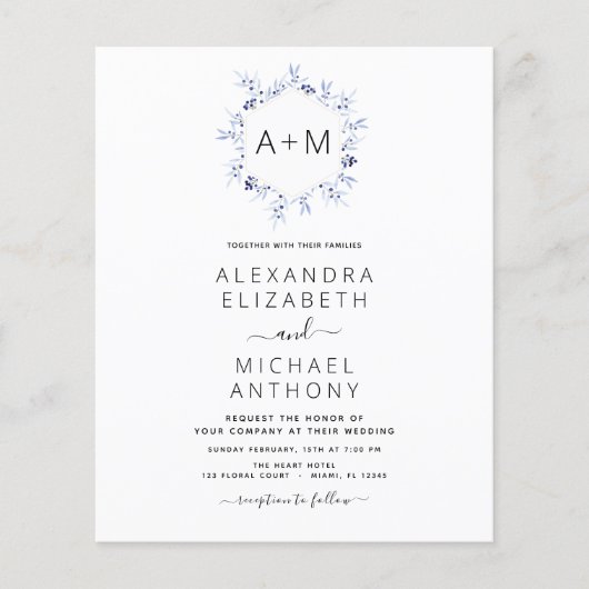 Budget Monogram Stusty Blue Floral Wedding Flyer (Voorkant)