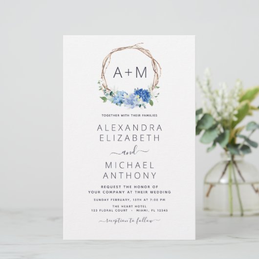 Budget Monogram Stusty Blue Floral Wreath Wedding (Staand voorkant)