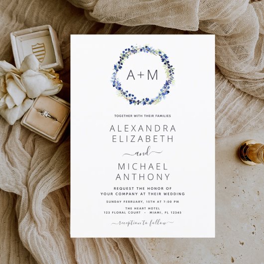 Budget Monogram Stusty Blue Floral Wreath Wedding