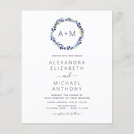 Budget Monogram Stusty Blue Floral Wreath Wedding (Voorkant)